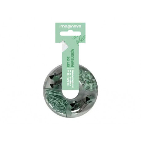 SET DE PAPELERIA IMAGINOVO CON CLIPS 28MM PINZAS 19MM Y CHINCHETAS VERDE