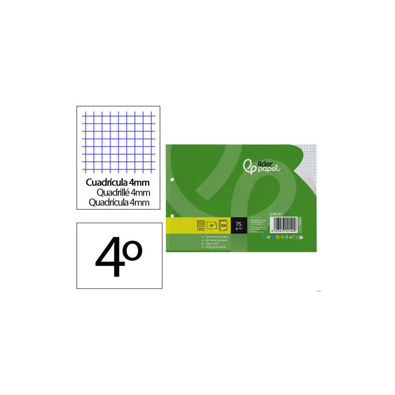 RECAMBIO LIDERPAPEL DIN A5 APAISADO 100 HOJAS 75 GR CUADRO 4 MM 2 TALADROS CON MARGEN