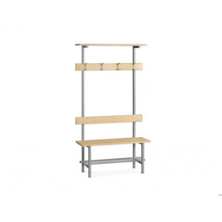 BANCO DE MADERA CON ZAPATERO Y PERCHERO SUPERIOR ESTRUCTURA ACERO Y LISTONES DE PINO BARNIZADOS 1500
