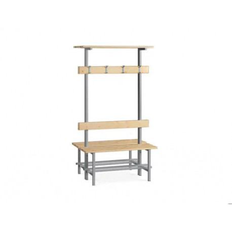 BANCO DE MADERA DOBLE CON ZAPATERO Y PERCHERO SUPERIOR ESTRUCTURA ACERO Y LISTONES DE PINO BARNIZADO