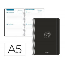AGENDA ESCOLAR LIDERPAPEL 26-27 ESPIRAL BASIC 2 DIAS PAGINA A5 BILINGUE 70G PAPEL FSC NEGRO