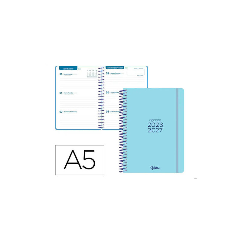 AGENDA ESCOLAR LIDERPAPEL 26-27 ESPIRAL BASIC SEMANA VISTA A5 BILINGUE 70G PAPEL FSC AZUL TURQUESA