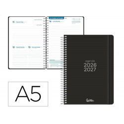 AGENDA ESCOLAR LIDERPAPEL 26-27 ESPIRAL BASIC DIA PAGINA A5 BILINGUE 70G PAPEL FSC NEGRO