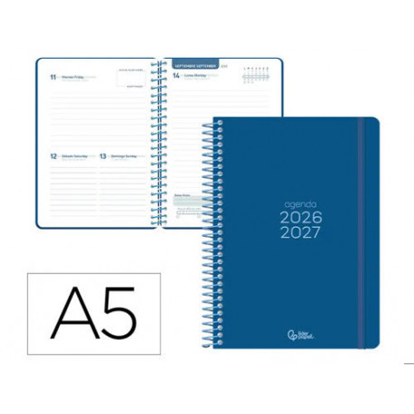 AGENDA ESCOLAR LIDERPAPEL 26-27 ESPIRAL BASIC DIA PAGINA A5 BILINGUE 70G PAPEL FSC AZUL MARINO