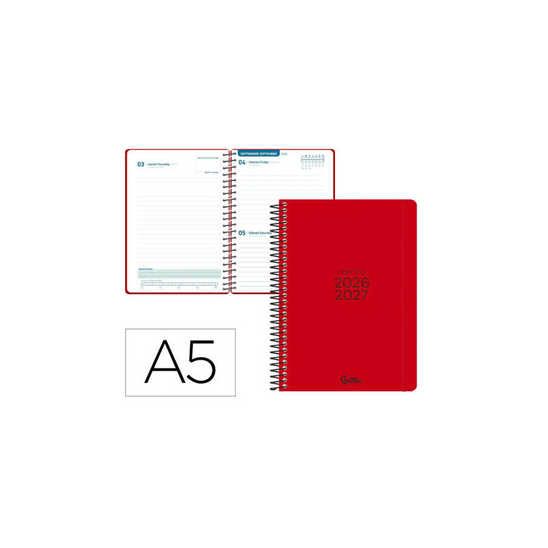 AGENDA ESCOLAR LIDERPAPEL 26-27 ESPIRAL BASIC DIA PAGINA A5 BILINGUE 70G PAPEL FSC ROJO