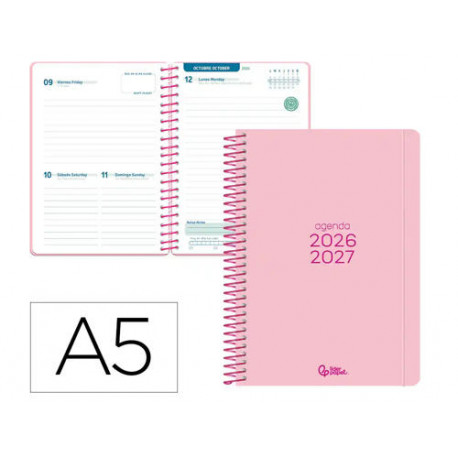 AGENDA ESCOLAR LIDERPAPEL 26-27 ESPIRAL BASIC DIA PAGINA A5 BILINGUE 70G PAPEL FSC ROSA