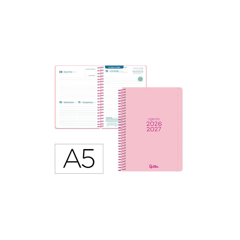 AGENDA ESCOLAR LIDERPAPEL 26-27 ESPIRAL BASIC DIA PAGINA A5 BILINGUE 70G PAPEL FSC ROSA