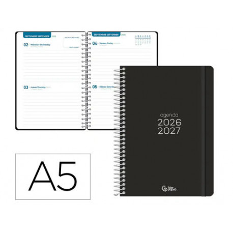 AGENDA ESCOLAR LIDERPAPEL 26-27 ESPIRAL BASIC 2 DIAS PAGINA A5 BILINGUE 70G PAPEL FSC NEGRO