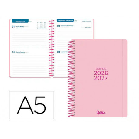 AGENDA ESCOLAR LIDERPAPEL 26-27 ESPIRAL BASIC 2 DIAS PAGINA A5 BILINGUE 70G PAPEL FSC ROSA