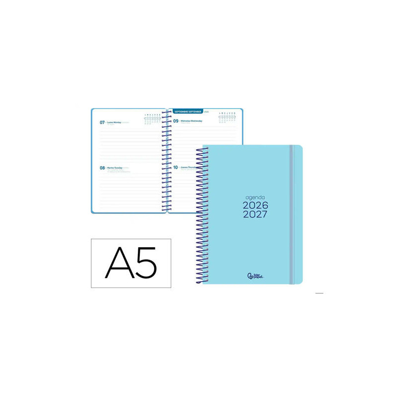 AGENDA ESCOLAR LIDERPAPEL 26-27 ESPIRAL BASIC 2 DIAS PAGINA A5 BILINGUE 70G PAPEL FSC AZUL TURQUESA