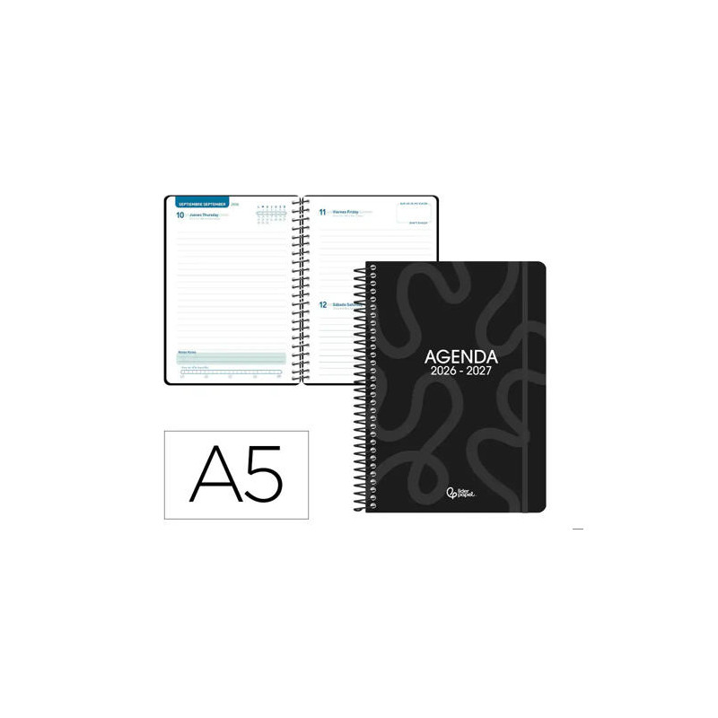 AGENDA ESCOLAR LIDERPAPEL 26-27 ESPIRAL CLASSIC DIA PAGINA A5 BILINGUE 70G PAPEL FSC NEGRO