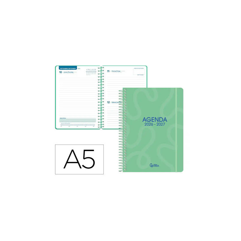 AGENDA ESCOLAR LIDERPAPEL 26-27 ESPIRAL CLASSIC DIA PAGINA A5 BILINGUE 70G PAPEL FSC VERDE