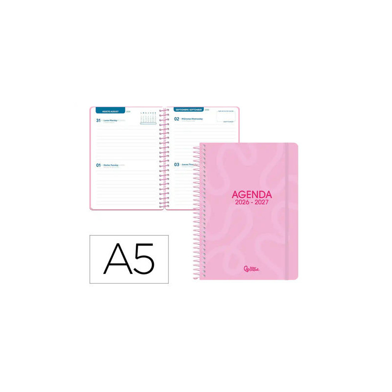 AGENDA ESCOLAR LIDERPAPEL 26-27 ESPIRAL CLASSIC 2 DIAS PAGINA A5 BILINGUE 70G PAPEL FSC ROSA