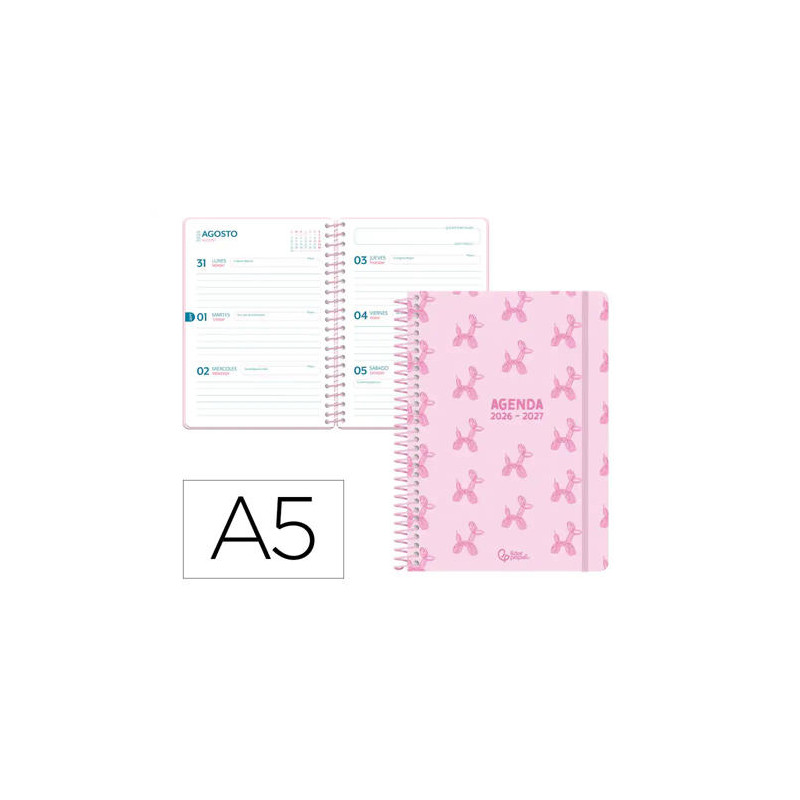 AGENDA ESCOLAR LIDERPAPEL 26-27 ESPIRAL PETITE SEMANA VISTA A5 BILINGUE 80G PAPEL FSC ROSA