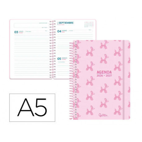 AGENDA ESCOLAR LIDERPAPEL 26-27 ESPIRAL PETITE DIA PAGINA A5 BILINGUE 80G PAPEL FSC ROSA