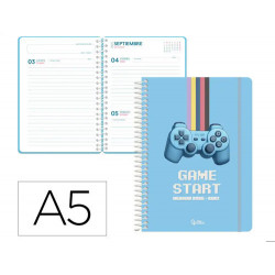 AGENDA ESCOLAR LIDERPAPEL 26-27 ESPIRAL GAME ON DIA PAGINA A5 BILINGUE 80G PAPEL FSC AZUL