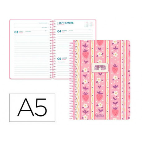 AGENDA ESCOLAR LIDERPAPEL 26-27 ESPIRAL COTTAGE A DIA PAGINA A5 BILINGUE 80G PAPEL FSC ROSA FRESAS