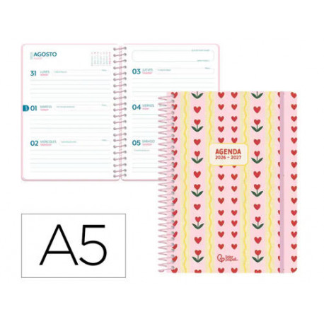 AGENDA ESCOLAR LIDERPAPEL 26-27 ESPIRAL COTTAGE SEMANA VISTA A5 BILINGUE 80G PAPEL FSC ROSA CORAZONE