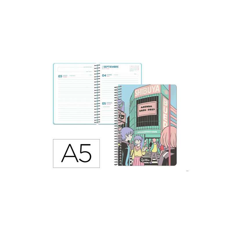 AGENDA ESCOLAR LIDERPAPEL 26-27 ESPIRAL CITY CELESTE DIAPAGINA A5 BILINGUE 80G PAPEL FSC ROSA