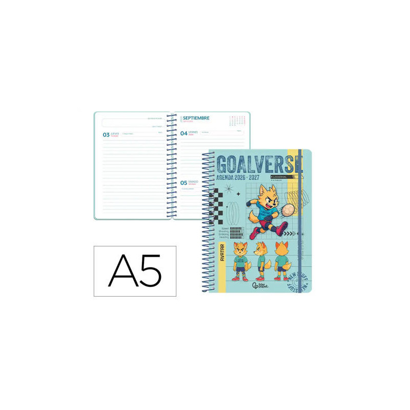 AGENDA ESCOLAR LIDERPAPEL 26-27 ESPIRAL SPORTS DIA PAGINA A5 BILINGUE 80G PAPEL FSC AZUL PERRO