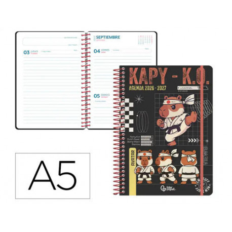 AGENDA ESCOLAR LIDERPAPEL 26-27 ESPIRAL SPORTS DIA PAGINA A5 BILINGUE 80G PAPEL FSC NEGRO CAPIBARA