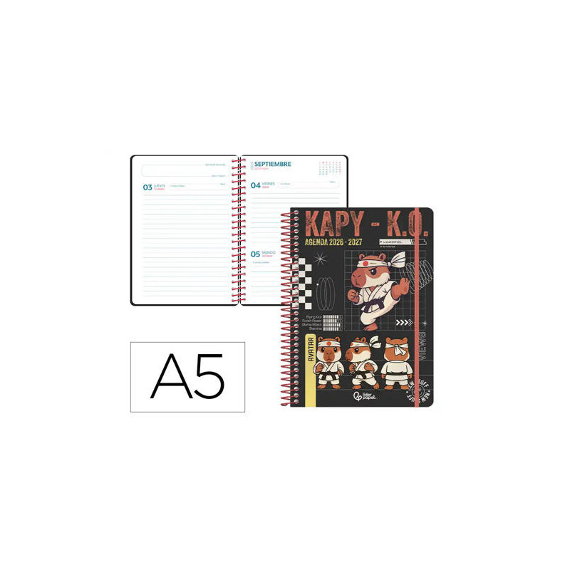 AGENDA ESCOLAR LIDERPAPEL 26-27 ESPIRAL SPORTS DIA PAGINA A5 BILINGUE 80G PAPEL FSC NEGRO CAPIBARA