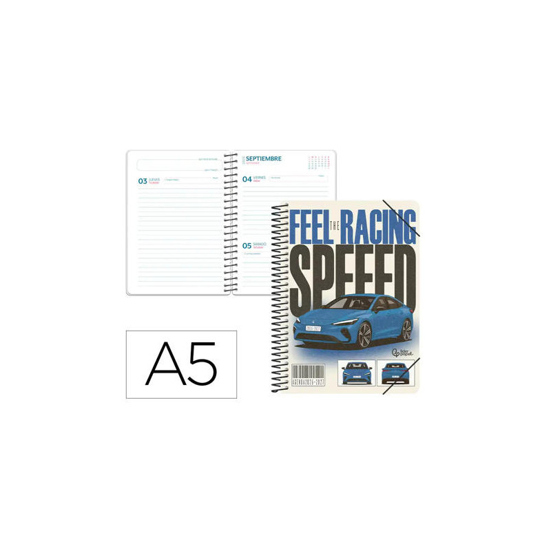 AGENDA ESCOLAR LIDERPAPEL 26-27 ESPIRAL CARS DIA PAGINA A5 BILINGUE 80G PAPEL FSC COCHE AZUL