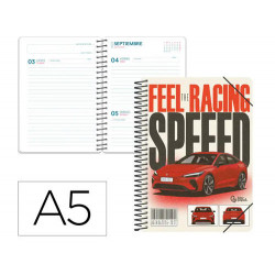 AGENDA ESCOLAR LIDERPAPEL 26-27 ESPIRAL CARS DIA PAGINA A5 BILINGUE 80G PAPEL FSC COCHE ROJO