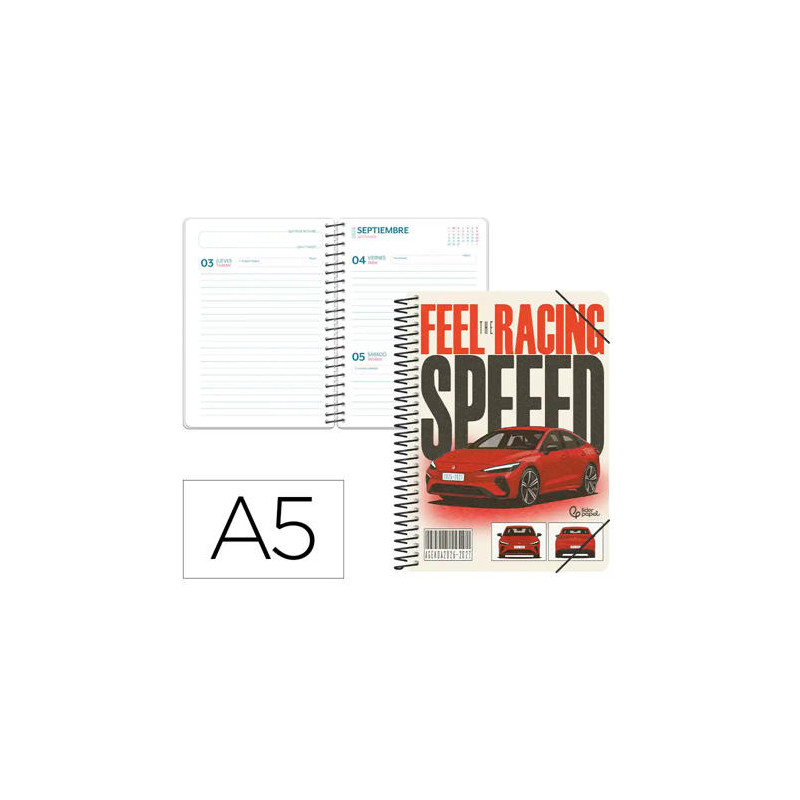 AGENDA ESCOLAR LIDERPAPEL 26-27 ESPIRAL CARS DIA PAGINA A5 BILINGUE 80G PAPEL FSC COCHE ROJO