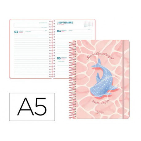 AGENDA ESCOLAR LIDERPAPEL 26-27 ESPIRAL SAVE PLANET DIA PAGINA A5 BILINGUE 80G PAPEL FSC ROSA