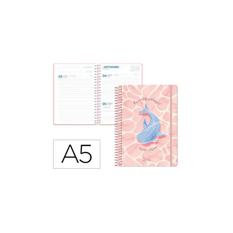 AGENDA ESCOLAR LIDERPAPEL 26-27 ESPIRAL SAVE PLANET DIA PAGINA A5 BILINGUE 80G PAPEL FSC ROSA