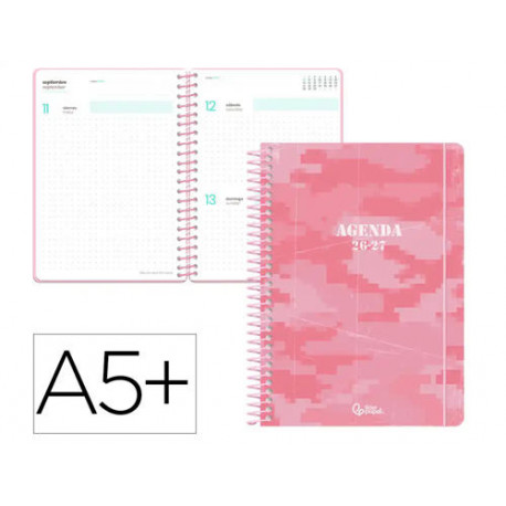AGENDA ESCOLAR LIDERPAPEL 26-27 ESPIRAL MILITARY DIA PAGINA A5+ BILINGUE 80G PAPEL FSC ROSA