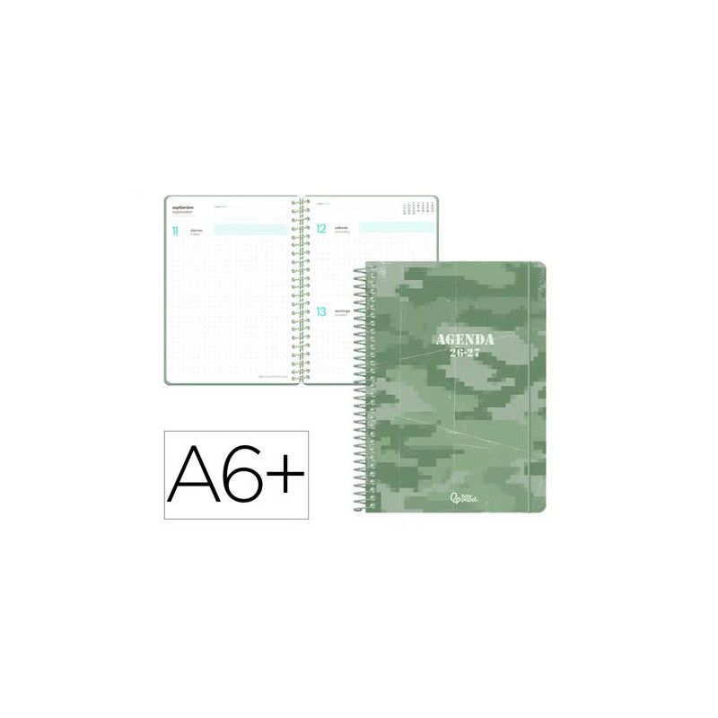 AGENDA ESCOLAR LIDERPAPEL 26-27 ESPIRAL MILITARY DIA PAGINA A6+ BILINGUE 80G PAPEL FSC VERDE MILITAR