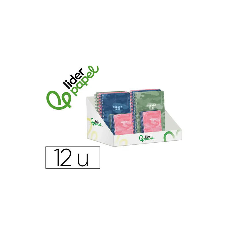 AGENDA ESCOLAR LIDERPAPEL 26-27 ESPIRAL MILITARY DISEÑOSSURTIDOS BILINGE 80G PAPEL FSC EXPOSITOR 12