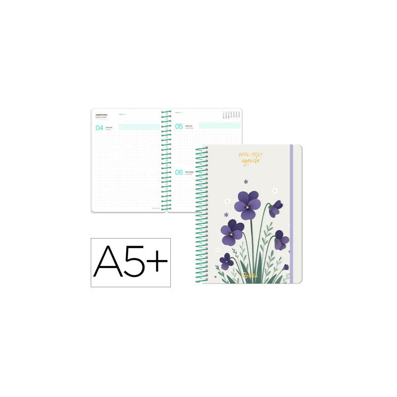 AGENDA ESCOLAR LIDERPAPEL 26-27 ESPIRAL FLOWERS DIA PAGINA A5+ BILINGUE 80G PAPEL FSC BLANCO