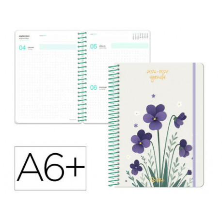 AGENDA ESCOLAR LIDERPAPEL 26-27 ESPIRAL FLOWERS DIA PAGINA A6+ BILINGUE 80G PAPEL FSC BLANCO