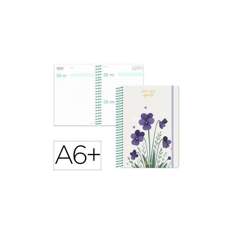AGENDA ESCOLAR LIDERPAPEL 26-27 ESPIRAL FLOWERS DIA PAGINA A6+ BILINGUE 80G PAPEL FSC BLANCO