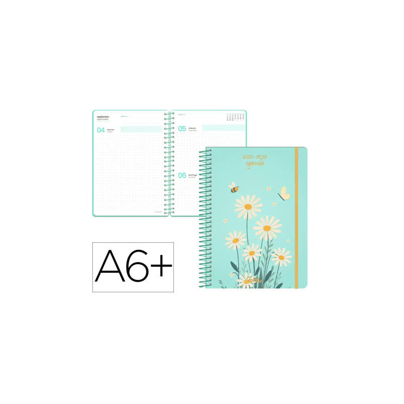 AGENDA ESCOLAR LIDERPAPEL 26-27 ESPIRAL FLOWERS DIA PAGINA A6+ BILINGUE 80G PAPEL FSC AZUL