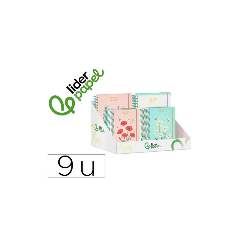 AGENDA ESCOLAR LIDERPAPEL 26-27 ESPIRAL FLOWERS DISEÑOS SURTIDOS BILINGE 80G PAPEL FSC EXPOSITOR 9 