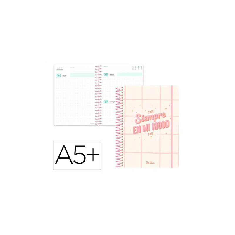 AGENDA ESCOLAR LIDERPAPEL 26-27 ESPIRAL GRAPHIC DIA PAGINA A5+ BILINGUE 80G PAPEL FSC ROSA