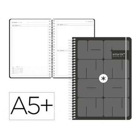 AGENDA ESCOLAR ANTARTIK 26-27 ESPIRAL ESSENTIALS DIA PAGINA A5+ BILINGUE 80G PAPEL FSC NEGRO