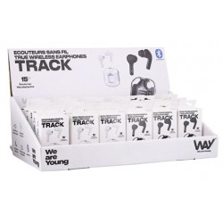 AURICULARES TRACK TWS CON ESTUCHE DE CARGA EXPOSITOR DE 12 UNIDADES BLANCO + 12 COLOR NEGRO