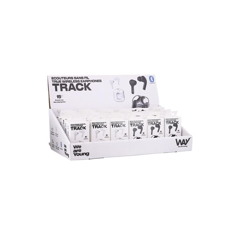 AURICULARES TRACK TWS CON ESTUCHE DE CARGA EXPOSITOR DE 12 UNIDADES BLANCO + 12 COLOR NEGRO