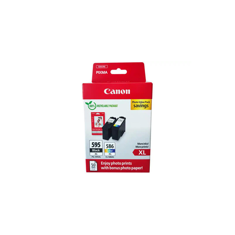 INK-JET CANON MULTIPACK PG595XL NEGRO + CL586XL COLOR + 50 HOJAS PAPEL FOTO 10X15 CM