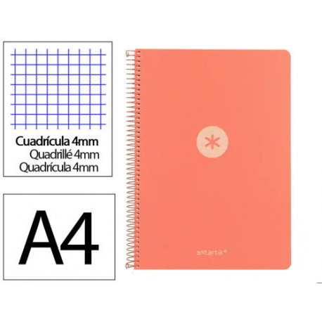 CUADERNO ESPIRAL ANTARTIK A4 TAPA FOAM 80H 90GR CUADRO 4MM CON MARGEN COLOR CORAL
