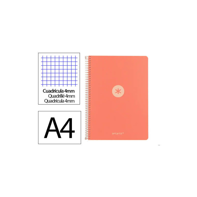 CUADERNO ESPIRAL ANTARTIK A4 TAPA FOAM 80H 90GR CUADRO 4MM CON MARGEN COLOR CORAL