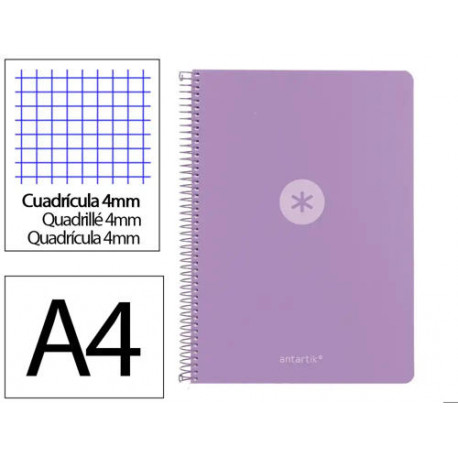 CUADERNO ESPIRAL ANTARTIK A4 TAPA FOAM 80H 90GR CUADRO 4MM CON MARGEN COLOR LAVANDA