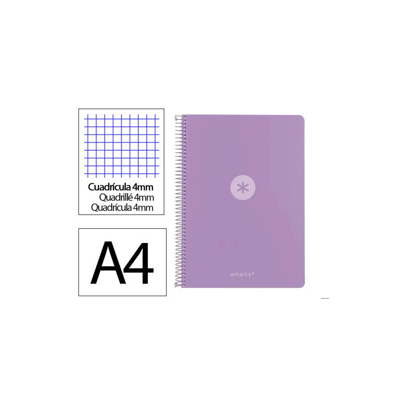 CUADERNO ESPIRAL ANTARTIK A4 TAPA FOAM 80H 90GR CUADRO 4MM CON MARGEN COLOR LAVANDA