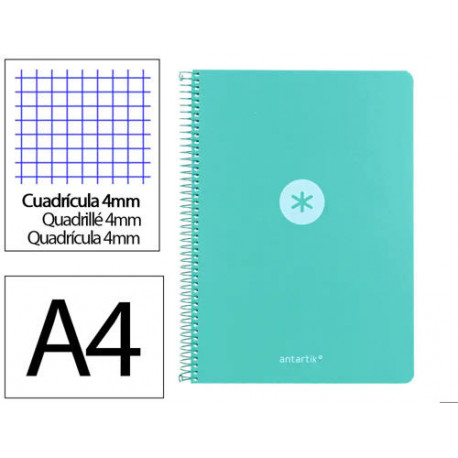 CUADERNO ESPIRAL ANTARTIK A4 TAPA FOAM 80H 90GR CUADRO 4MM CON MARGEN COLOR MENTA