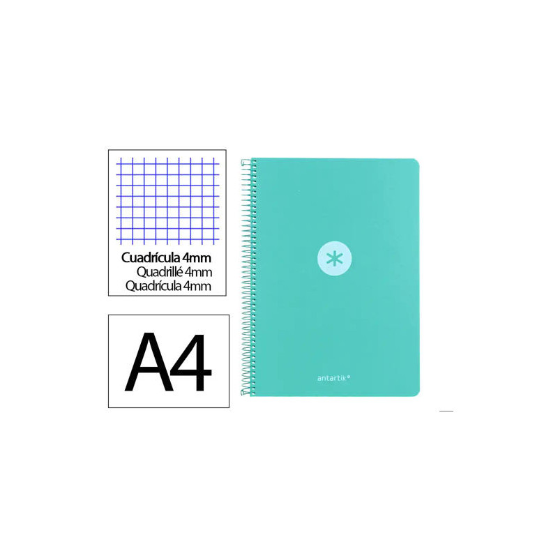 CUADERNO ESPIRAL ANTARTIK A4 TAPA FOAM 80H 90GR CUADRO 4MM CON MARGEN COLOR MENTA